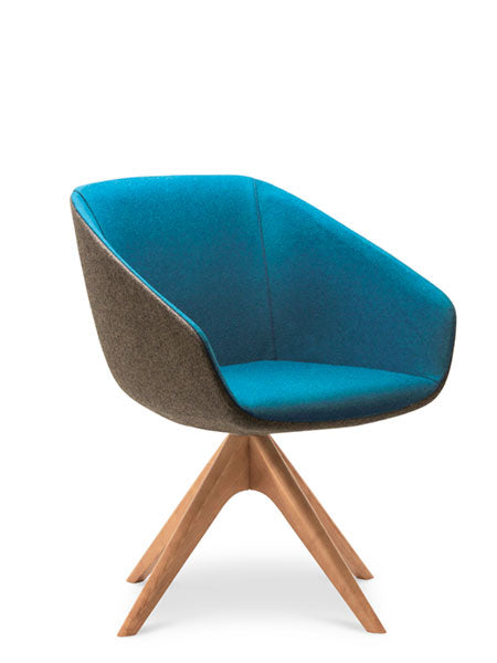 Delphi two tone upholstered armchair with oak splayed base.