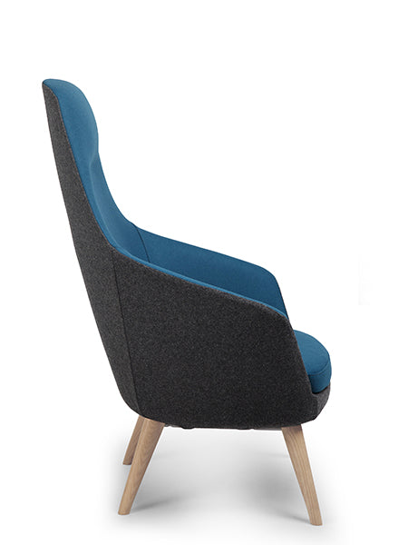 Delphi Plus chair with timber 4-leg base, featuring two-tone upholstery with blue inner and black outer, side view