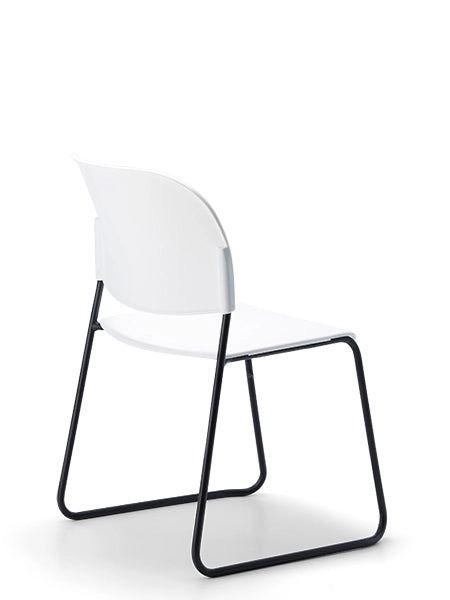 LUMIA PP multipurpose chair in white with plastic seat and sled base frame, back view