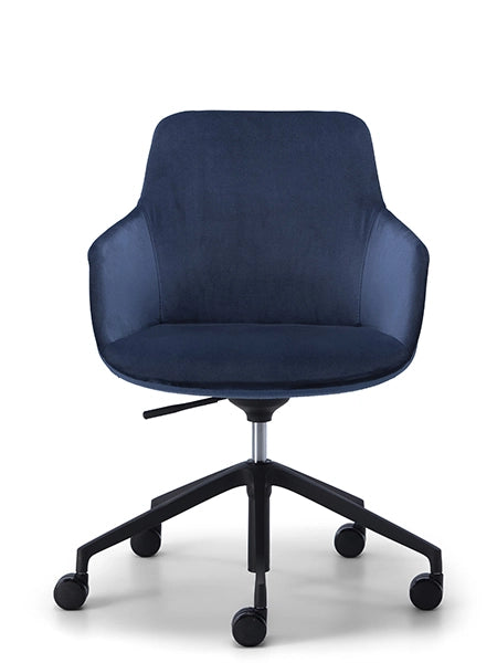 Navy Saba Meeting chair with wrap-around upholstered shell and 5-way swivel base