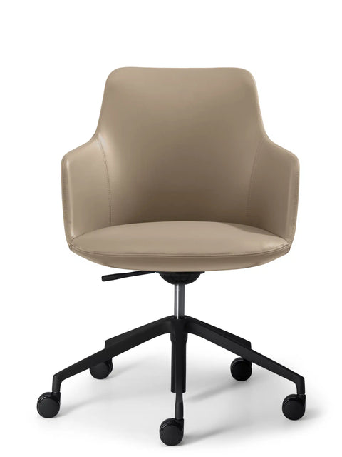 Beige Saba Meeting chair with wrap-around upholstered shell and 5-way swivel base