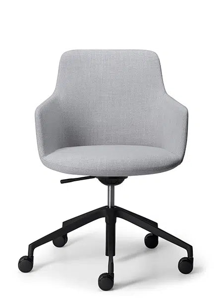 Grey Saba Meeting chair with wrap-around upholstered shell and 5-way swivel base