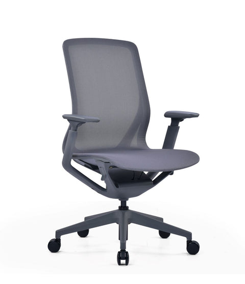 Aria Charcoal office chair with a breathable mesh back and seat, featuring a sleek design, armrests, and a five-star base with casters.