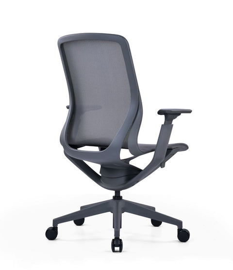 A modern office chair with a breathable mesh back and seat, featuring a sleek design, armrests, and a five-star base with casters.