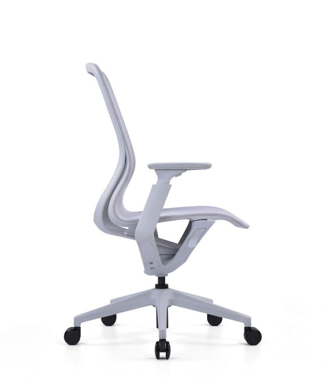 A modern office chair with a breathable mesh back and seat, featuring a sleek design, armrests, and a five-star base with casters, side view