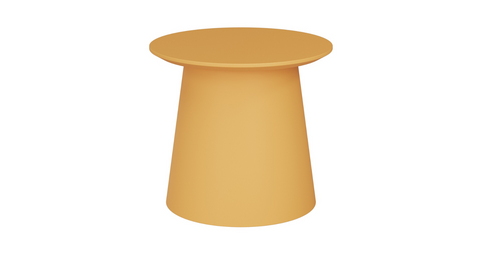 Small mustard Bobbi table with curved polypropylene base and sharknose MDF top, perfect for nesting or standalone use.
