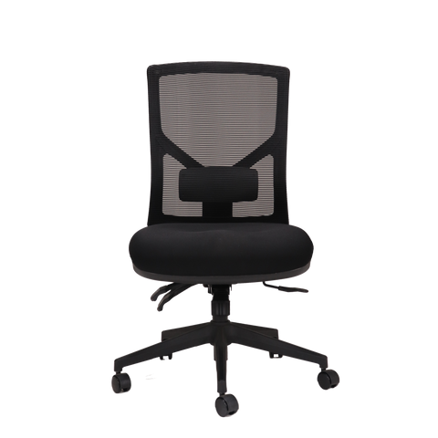 A black mesh high back office chair with a black fabric seat and a 5 star spider base on castors.