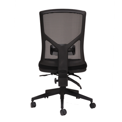 A black mesh high back office chair with a black fabric seat and a 5 star spider base on castors, back view