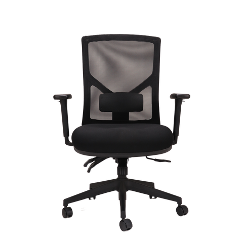 A black mesh high back office chair with a black fabric seat, adjustable arms and a 5 star spider base on castors.