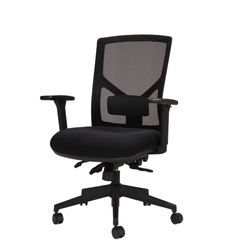 A black mesh high back office chair with a black fabric seat, adjustable arms and a 5 star spider base on castors.