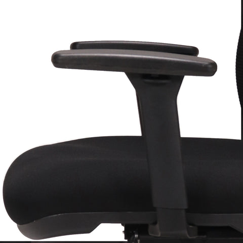 Close up of Breeze black mesh high back office chair with a black fabric seat, adjustable arms