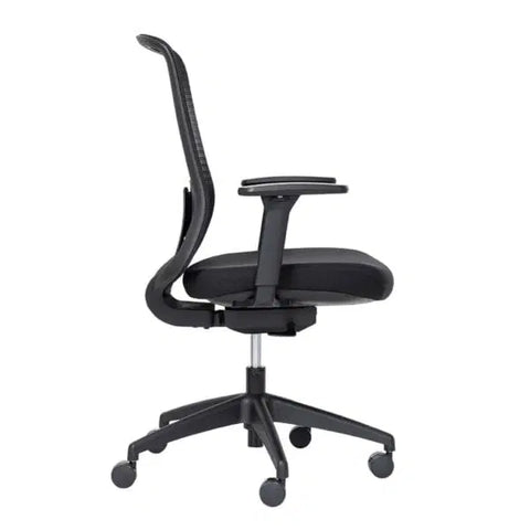 Buro Elan office chair in black, breathable mesh back, depth adjustable seat and armrests, side view