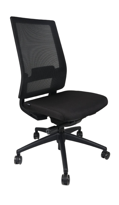 Black high-back office chair with mesh back, lumbar support, and a five-star base