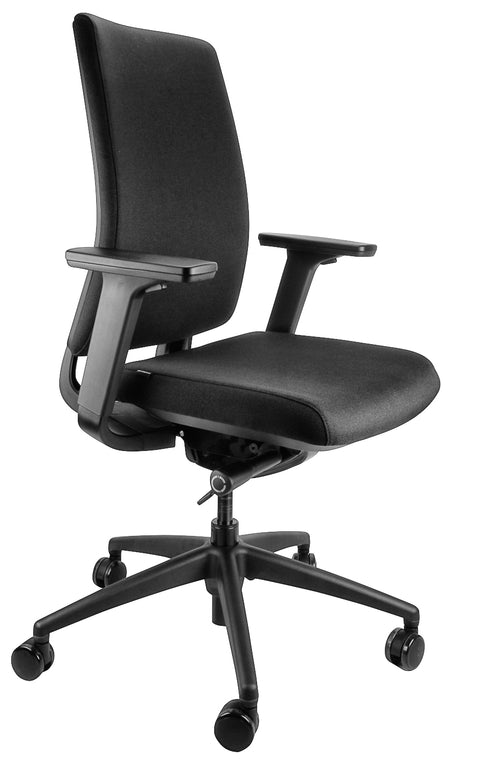 A black high-back office chair with adjustable arms, lumbar support, and a five-star base