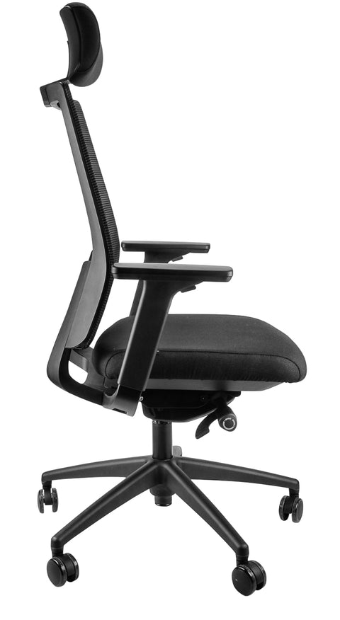 A black high-back office chair with mesh back, headrest, adjustable arms and a five-star base, side angle