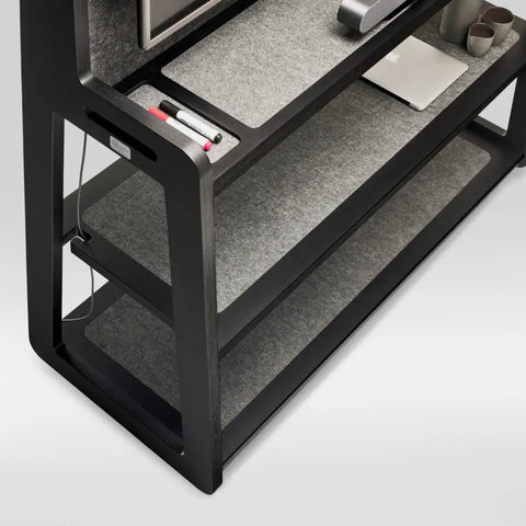 Close-up of SixtySix shelving unit with gray PET inlay and plywood frame in black finish