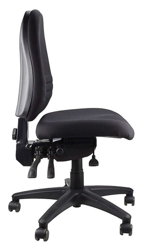 Black Endeavour 103 task chair with triple band lumbar support and a polished alloy base, side angle