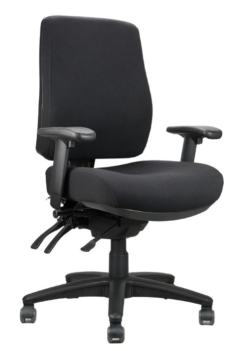 A black Ergo Air task chair with adjustable armrests, a lumbar support inflatable backrest, and a five-star base with casters.