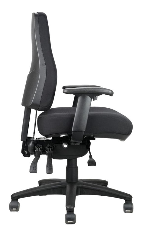 A black Ergo Air task chair with adjustable armrests, a lumbar support inflatable backrest, and a five-star base with casters.