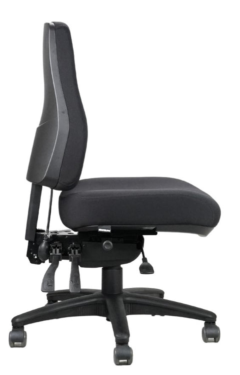 A black Ergo Air task chair with lumbar support, inflatable backrest, and a five-star base with casters.