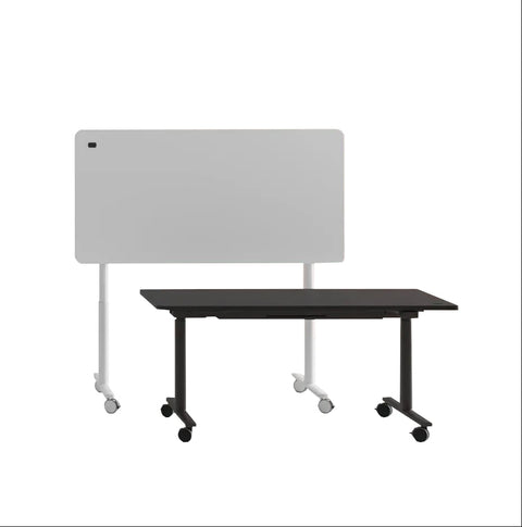 Two Jojo Electric Folding Tables with castor feet, one white folded and one black unfolded in use