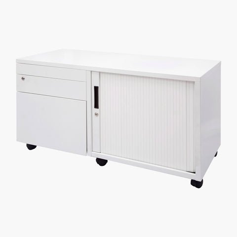 White Mobile Caddy with a Tambour side door, 3 drawers and lockable castors
