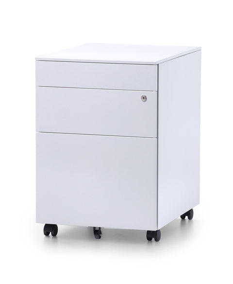 White mobile steel pedestal with three drawers, lock mechanism on the front and lockable castors