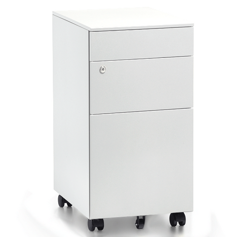 White mobile steel pedestal with three drawers, lock mechanism on the front and lockable castors