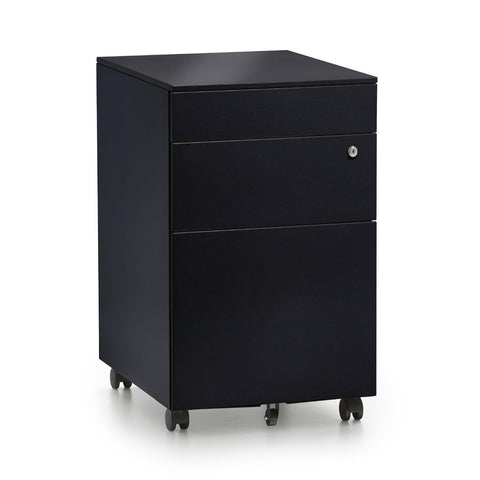Black mobile steel pedestal with three drawers, lock mechanism on the front and lockable castors