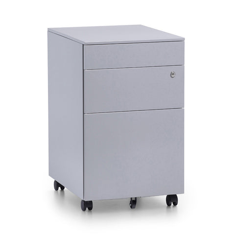 Silver mobile steel pedestal with three drawers, lock mechanism on the front and lockable castors