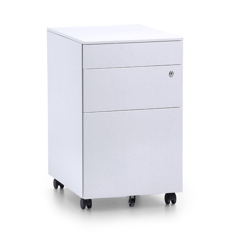 White mobile steel pedestal with three drawers, lock mechanism on the front and lockable castors