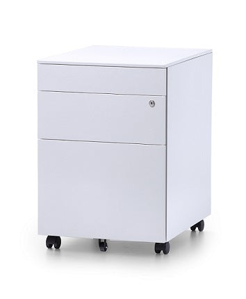 White mobile steel pedestal with three drawers, lock mechanism on the front and lockable castors