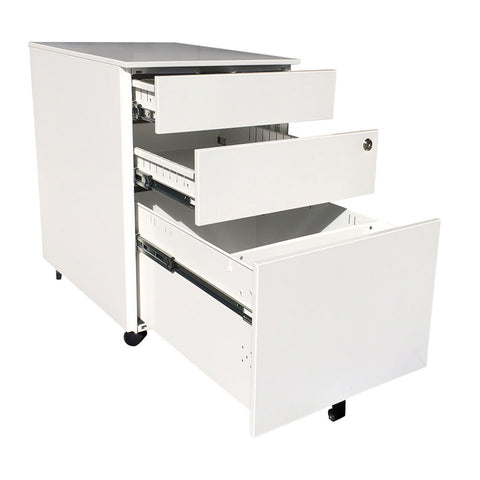 White mobile steel pedestal with three open drawers, lock mechanism on the front and lockable castors