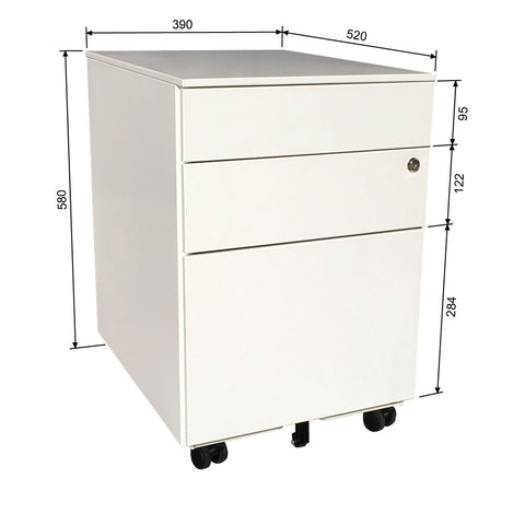 White mobile steel pedestal with three drawers, lock mechanism on the front and lockable castors with specifications