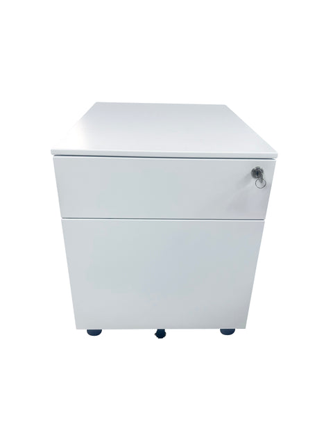White mobile steel pedestal with two drawers, lock mechanism on the front and lockable castors