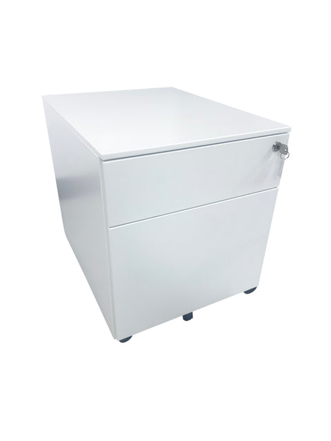 White mobile steel pedestal with two drawers, lock mechanism on the front and lockable castors