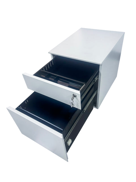 White mobile steel pedestal with two open drawers and front-facing lock mechanism