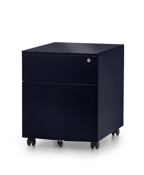 Black mobile steel pedestal with two drawers, lock mechanism on the front and lockable castors