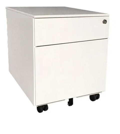 White mobile steel pedestal with two drawers, lock mechanism on the front and lockable castors