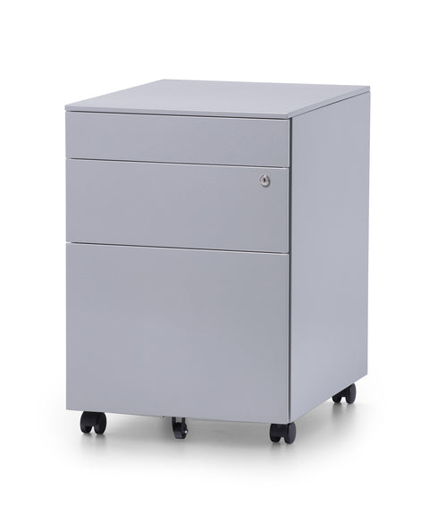 Silver mobile steel pedestal with three drawers, lock mechanism on the front and lockable castors
