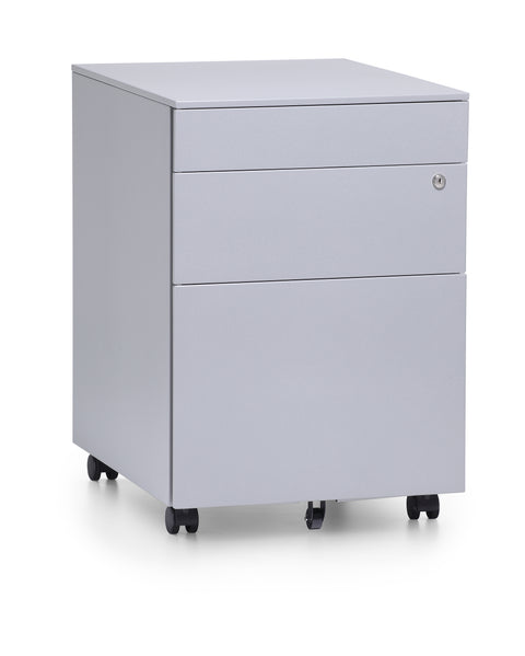 Silver mobile steel pedestal with three drawers, lock mechanism on the front and lockable castors
