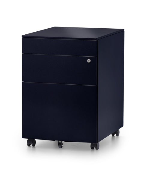 Black mobile steel pedestal with three drawers, lock mechanism on the front and lockable castors