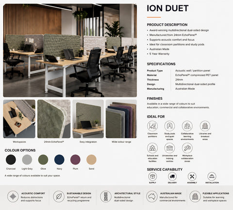 Ion Duet Acoustic Panel | Frameless Dual-Sided Partitions for Adelaide Classrooms and Workplaces