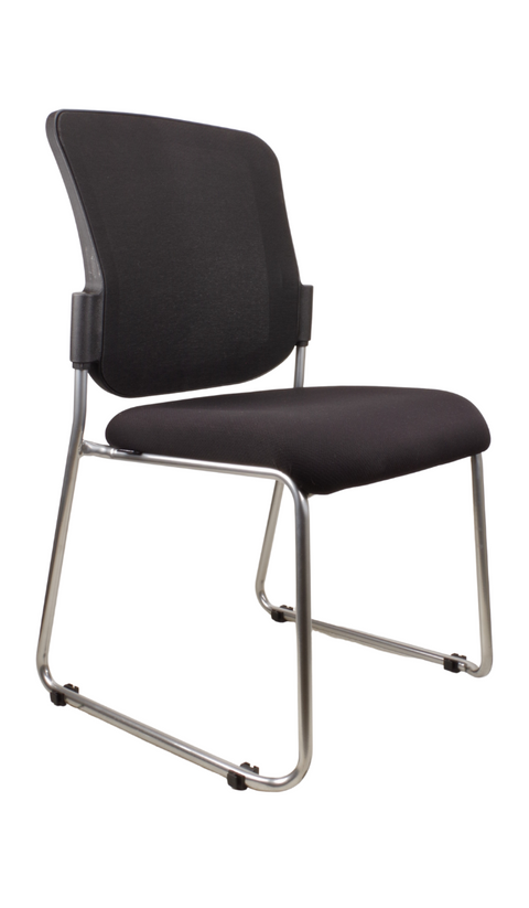 Black visitor chair with fabric seat and backrest, supported by a metal sled base frame.