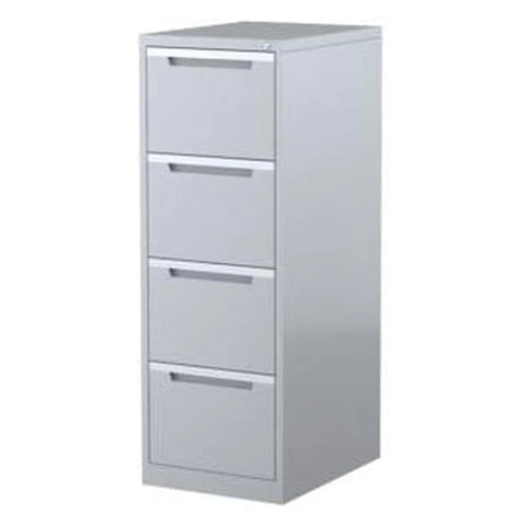 A vertical filing cabinet with four drawers, in a silver grey color, with a recessed handle and label holders on the drawer fronts.