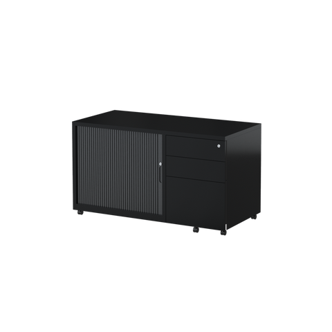 Black Trimline Mobile Caddy with a Tambour side door, 3 drawers and lockable castors