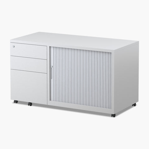 White Trimline Mobile Caddy with a Tambour side door, 3 drawers and lockable castors