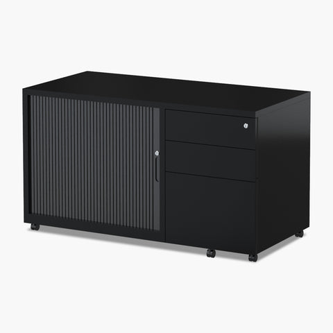 Black Trimline Mobile Caddy with a Tambour side door, 3 drawers and lockable castors