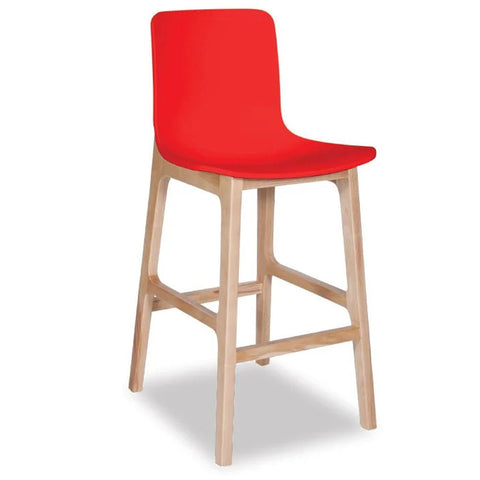 Red Ara stool with a contoured seat and wooden legs