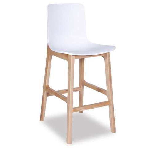 White Ara stool with a contoured seat and wooden legs